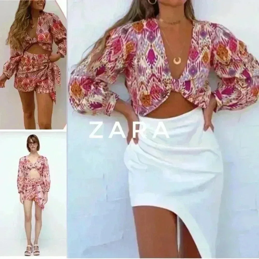 BNWOT Zara boho print top with knot size M - Picture 1 of 5